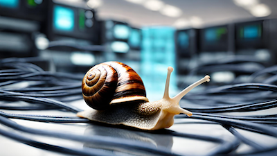 Korrekturen am Digitalgesetz im Schneckentempo Schnecke kriecht auf Kabeln in Raum mit Computern