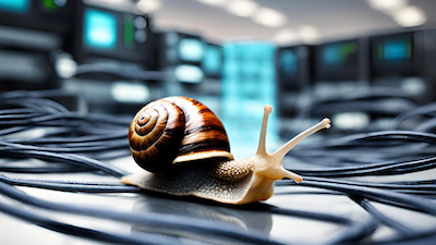 Schnecke kriecht auf Kabeln in Raum mit Computern